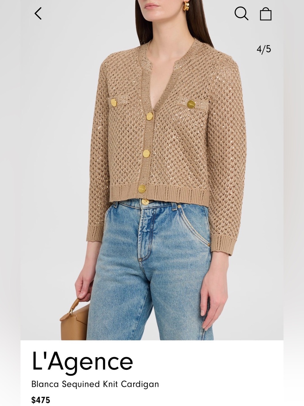 L'AGENCE Beige Open-Knit Cardigan with Gold Buttons.